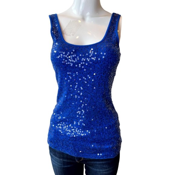 Express Women Sequin Tank Top Scoop Neck Wide Strap 100% Cotton Blue Size Small - Picture 1 of 6